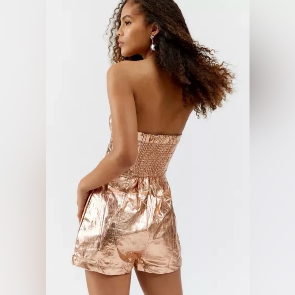 UO *Yara* Metallic Strapless Shorts Romper in Copper. NWOT.